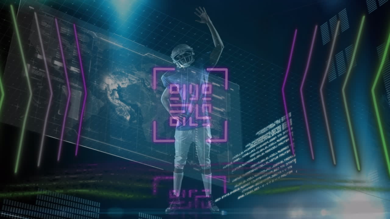 Animation of qr code scanner and interface with data processing over male rugby player