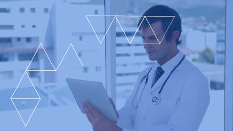 doctor using tablet with geometric shapes animation over hospital background