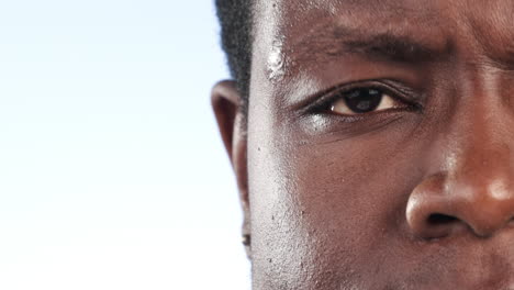 half, face and closeup of black man with surprise