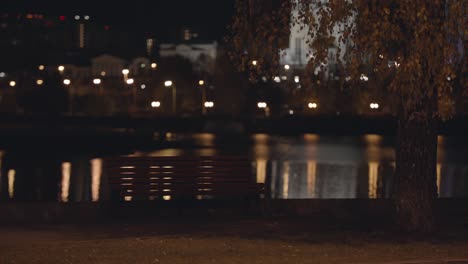 empty park bench by the river at night