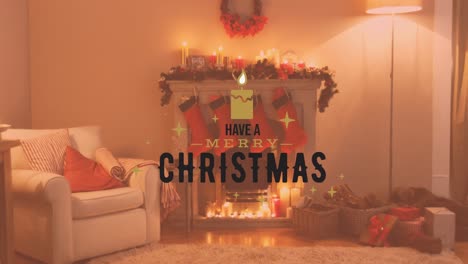 Animation-of-christmas-greetings-text-over-fireplace-and-christmas-decorations
