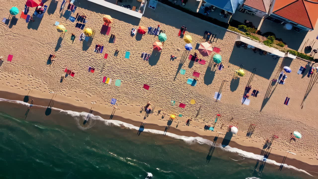 Aerial view of a crowded beach with colorful umbrellas and people enjoying the sun