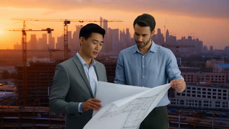 architects or engineers reviewing blueprints at a construction site with city skyline at sunset