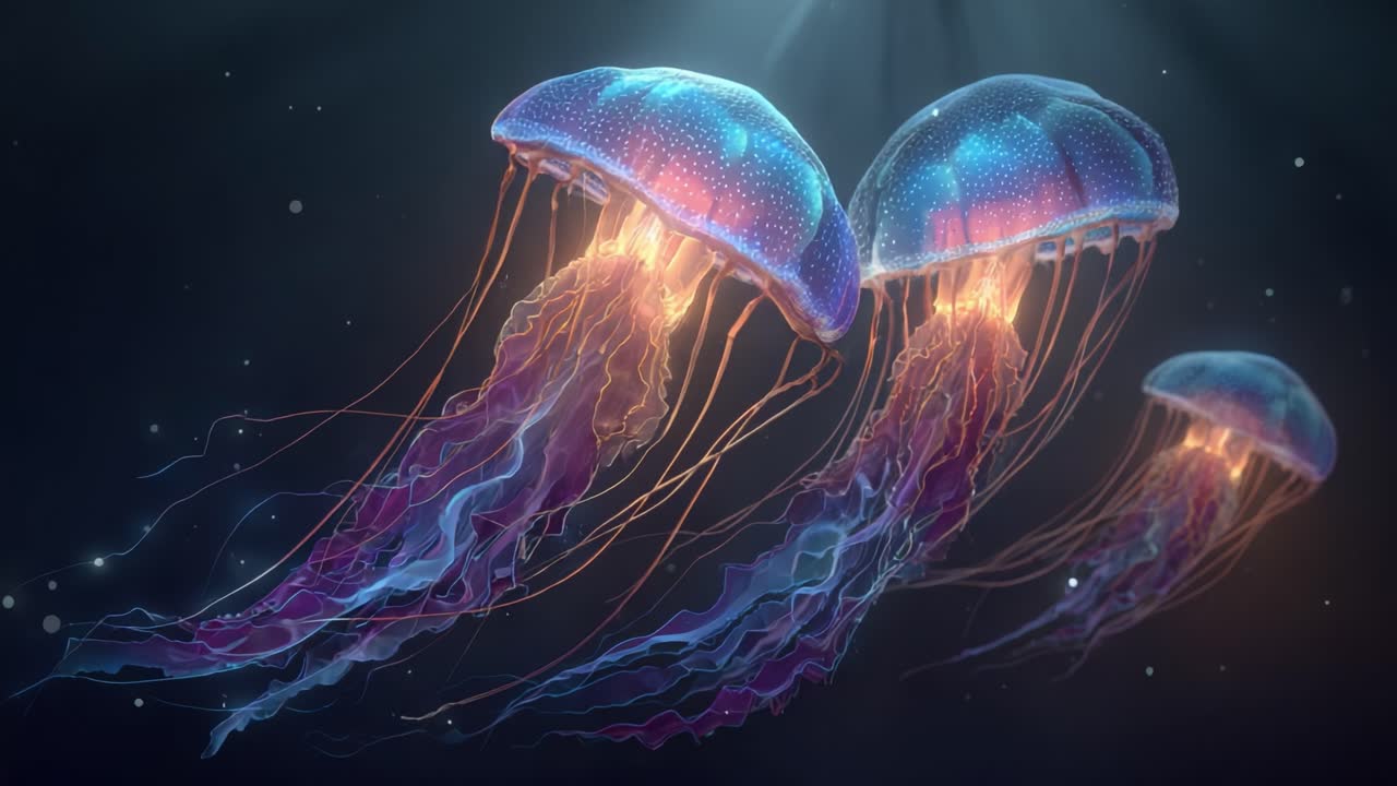 A Mesmerizing Display of Ethereal Jellyfish Gliding Gracefully Through Mysterious Ocean Waters, Illuminated by Soft Radiance in the Depths of the Sea