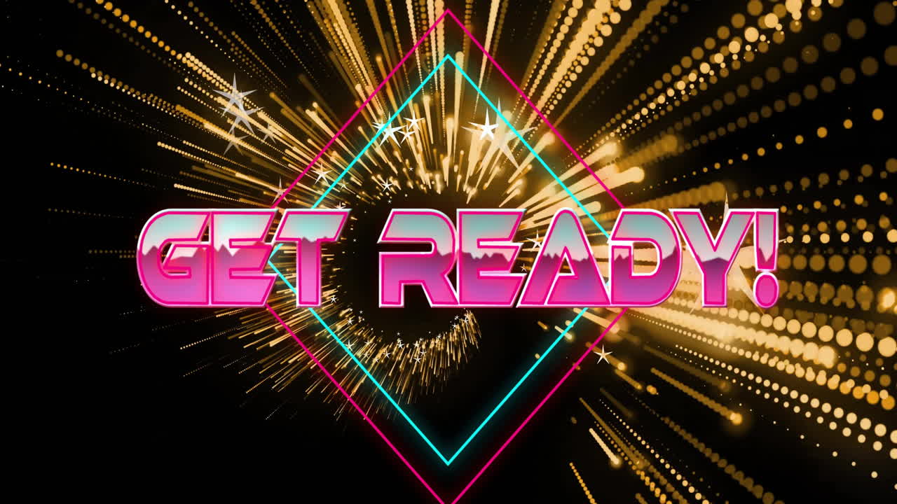 Get Ready! text with neon colors over dynamic fireworks animation