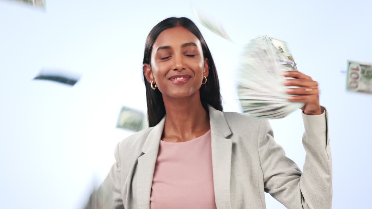 Business woman, money and fan for success