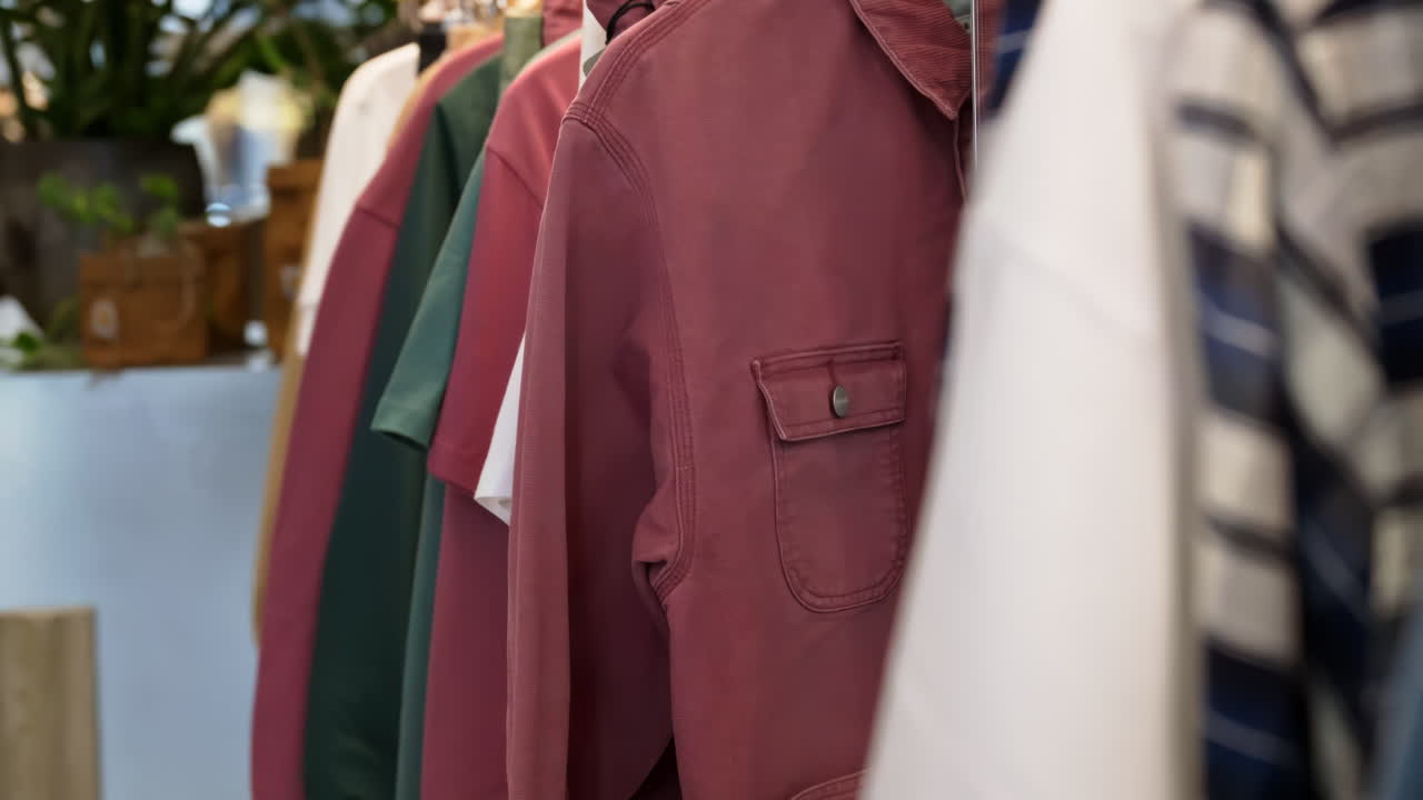 Close up of multiple clothes hanging on a rack in a hipster clothing store