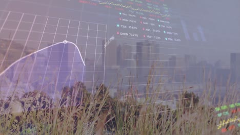 animación de gráficos financieros y procesamiento de datos sobre el paisaje urbano