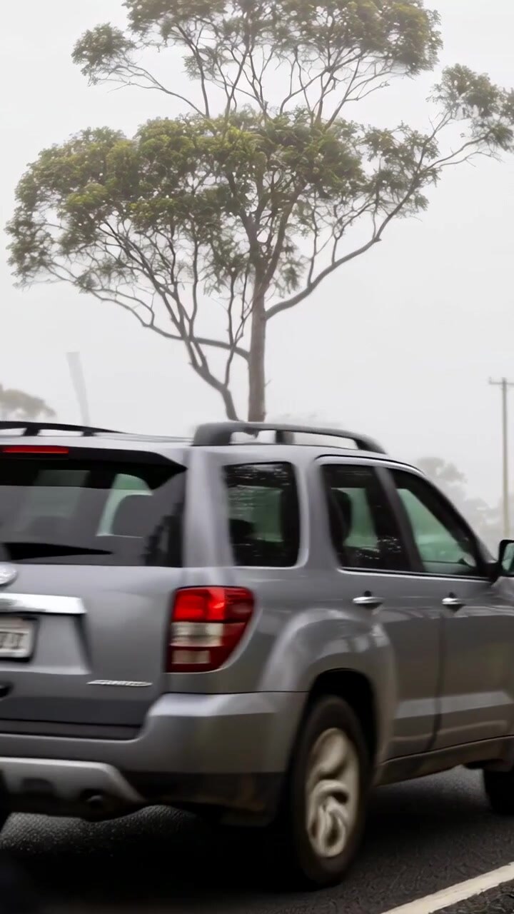 Video vertical: Sedán blanco con luces rojas y azules conduciendo, liderando SUVs plateados y grises por una carretera rural.