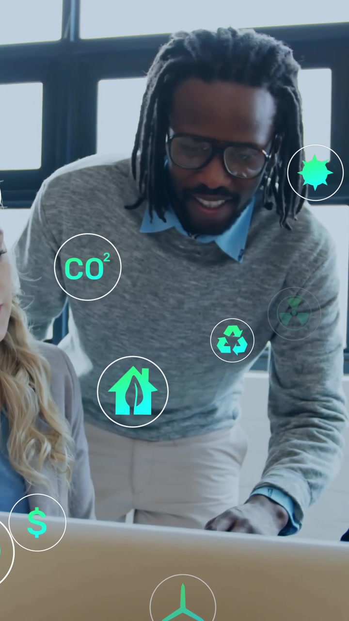 Animation of eco icons and data processing over diverse business people in office