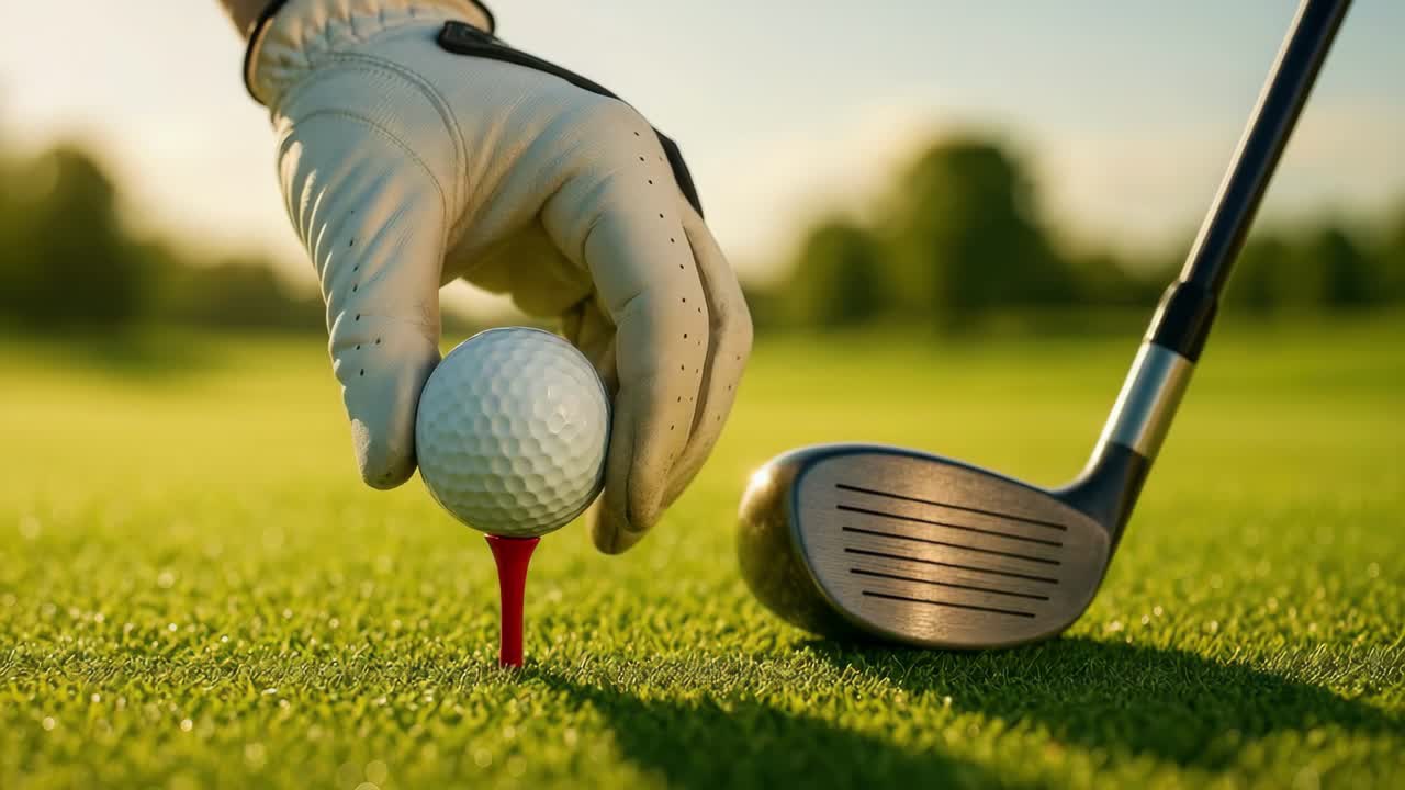Primo piano, ripresa dal basso di una mazza da golf e del tee su un campo illuminato dal sole, che cattura l'essenza