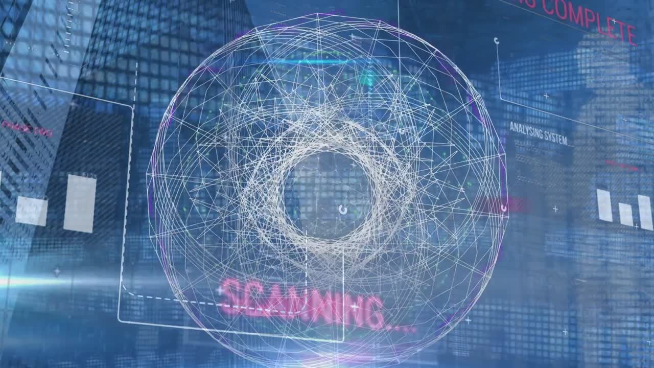 Animation of digital screen with data, shape, graphs and human silhouette