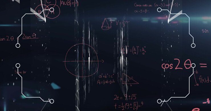 Animation of mathematical equations and shapes over network of connections on black background