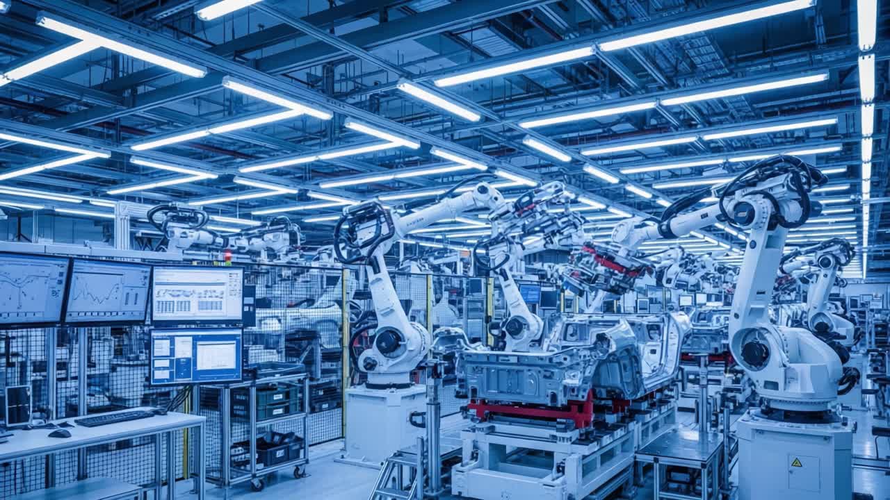 Advanced Robotics in Automated Manufacturing: A Cutting-Edge Production Facility Showcasing Robotic Arms Collaborating to Assemble Complex Machinery Efficiently