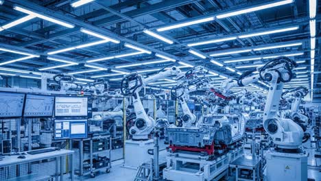 advanced robotics in automated manufacturing: a cutting-edge production facility showcasing robotic arms collaborating to assemble complex machinery efficiently