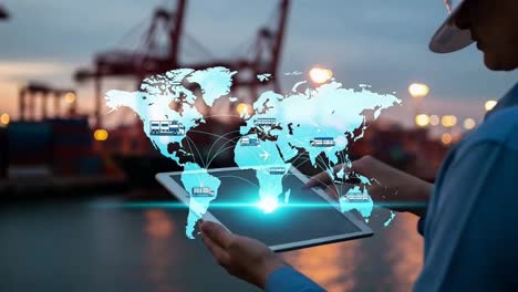 global logistics and supply chain management with a tablet at a shipping port