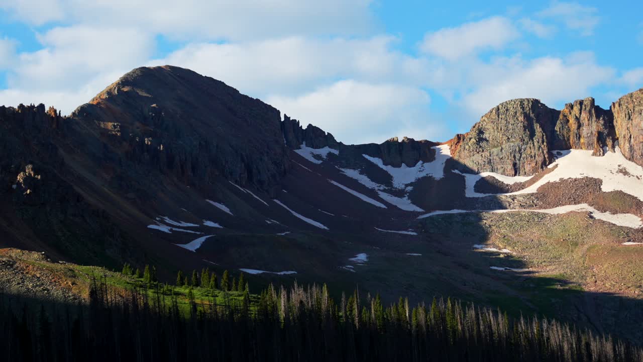 Silverton Chicago Basin Colorado hiking San Juan Range Jupiter Rocky Mountains Mount Eulos North summer summit snowcap melt fourteener Sunlight Windom Peak Silverton July bluesky clouds zoom out