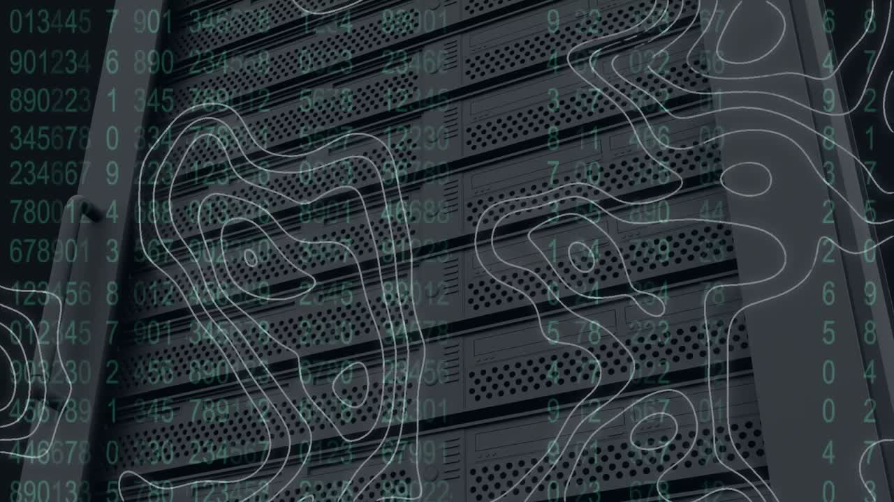 Animation of data processing and map of lines over server room