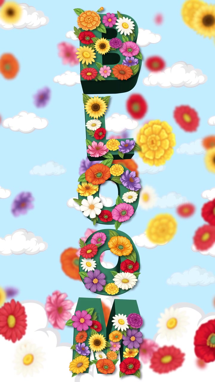 Green 3D text fills with colorful flowers against a blue sky with floating clouds