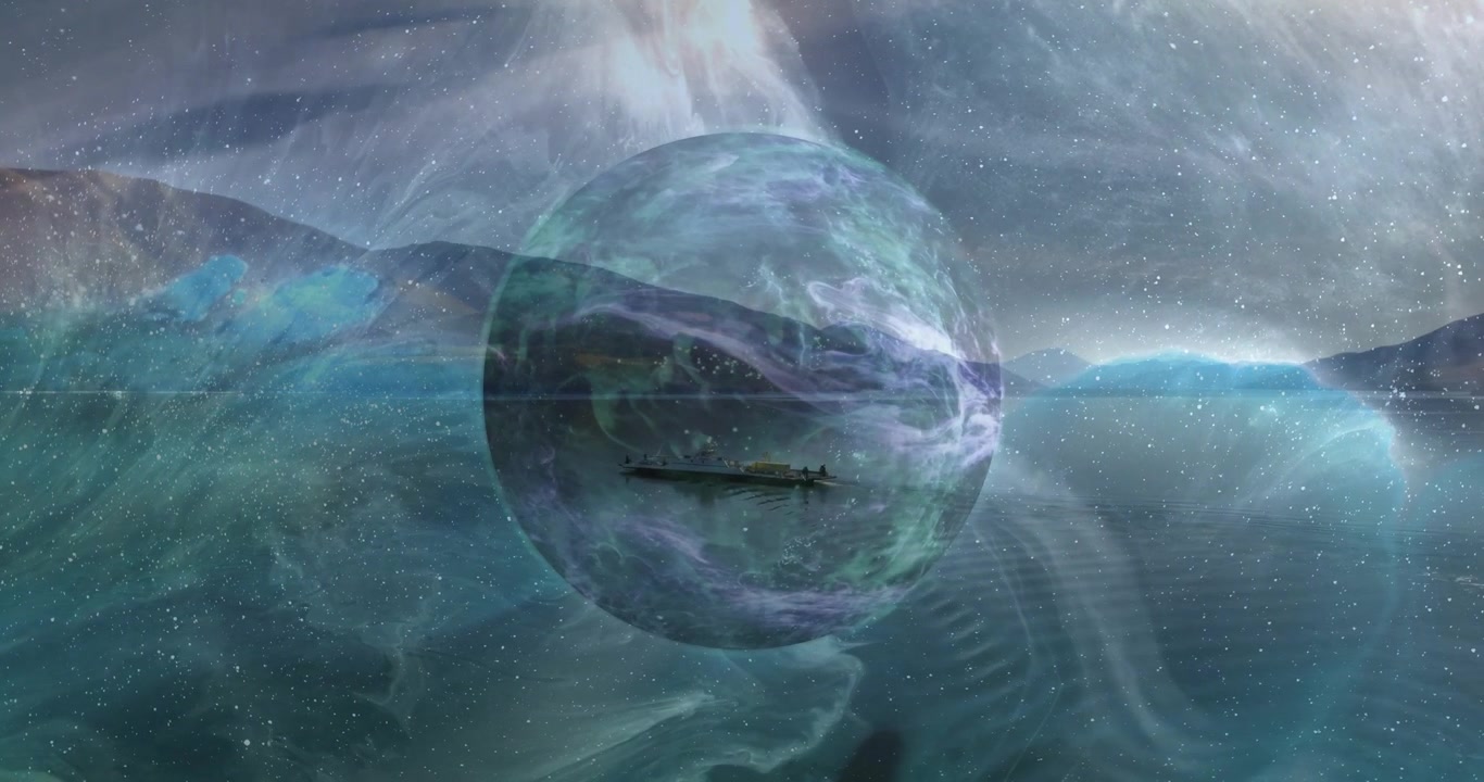 Video vertical: Orbe brillante con espirales, barco a la deriva en un mar verde azulado mientras una cinta cayendo comienza a deslizarse.
