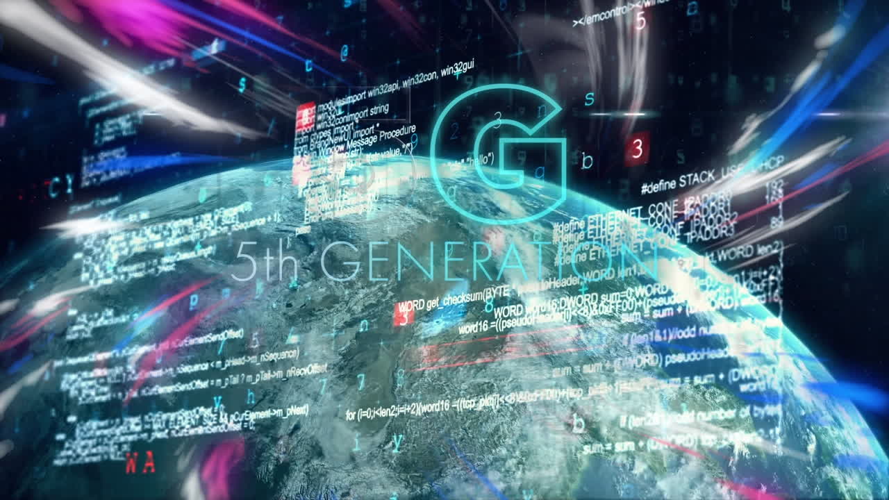 5g의 애니메이션과 전 세계에 대한 데이터 처리 및 검은색 배경의 조명