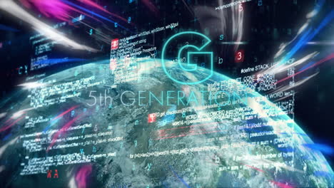 animación de 5g y procesamiento de datos sobre el globo y luces sobre fondo negro
