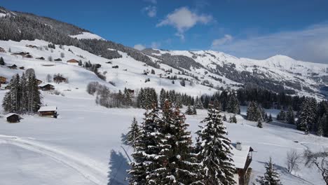 Fir-trees-and-small-cottages-on-snowy-mountain-slope-in-winter