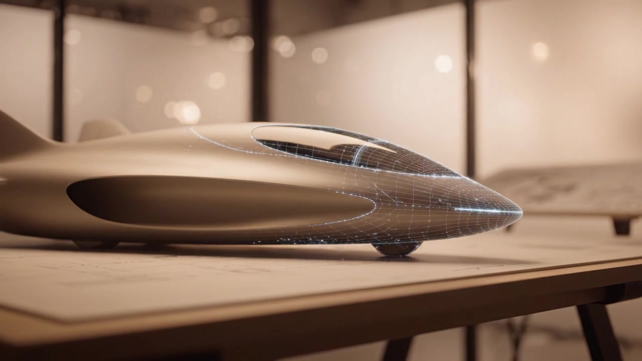 Sleek and Futuristic Model of an Innovative High-Speed Vehicle Showcasing Modern Design Elements and Advanced Aerodynamics in a Studio Environment
