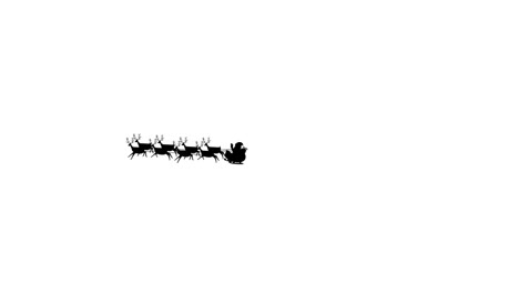 digital animation of black silhouette of santa claus in sleigh being pulled by reindeers