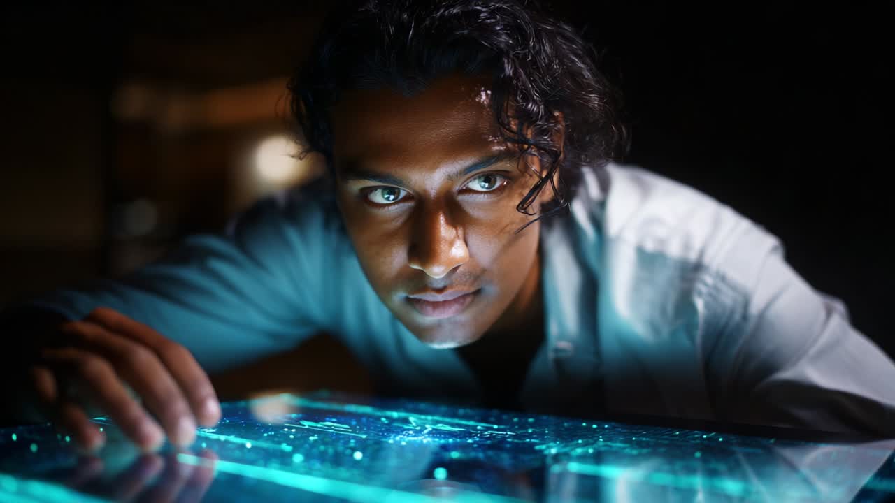 An engaged individual examines a vibrant, illuminated interface while displaying a look of curiosity and determination; the bright holographic display highlights intricate patterns and designs that captivate attention