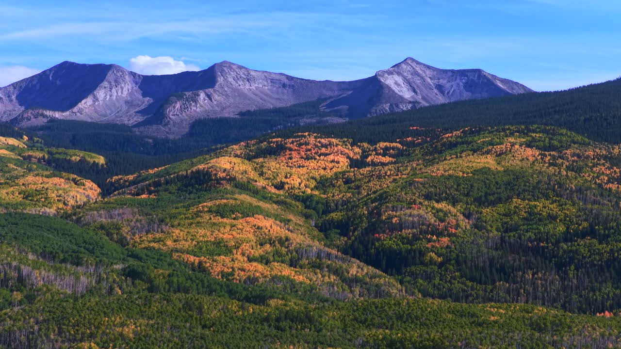 Przełęcz Kebler Crested Butte Kolorado – zdjęcia lotnicze z drona, słoneczna jesień, błękitne niebo, kolorowe, złote osiki, East Beckwith Mountain, Lost Lake, Paonia Somerset, Ruby Anthracite Trail, chmura, ruch panoramiczny w lewo