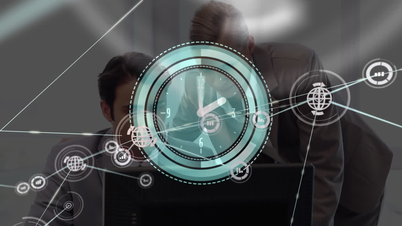 animación del reloj, red de conexiones con iconos sobre personas de negocios.