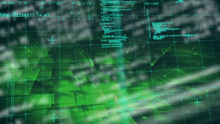 Digital animation of data processing over grid network against green background