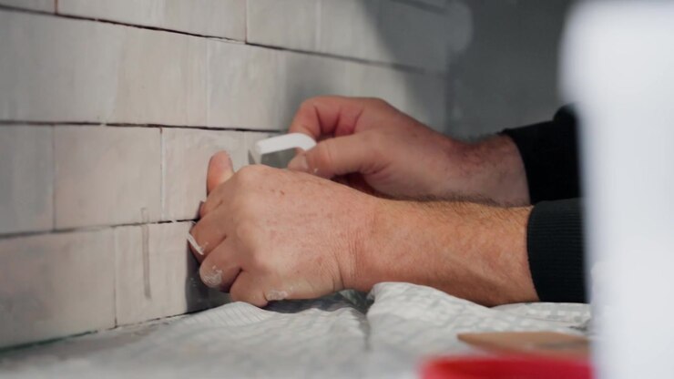 A worker adjusts a tile spacer while installing a grey plank wall covering