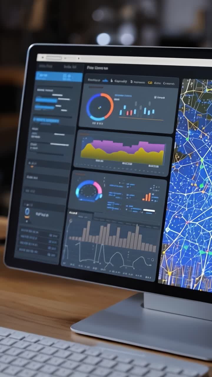 Dashbord for dataanalyse med interaktive metrikker, grafer og geografisk kartlegging på dataskjerm i et moderne kontormiljø