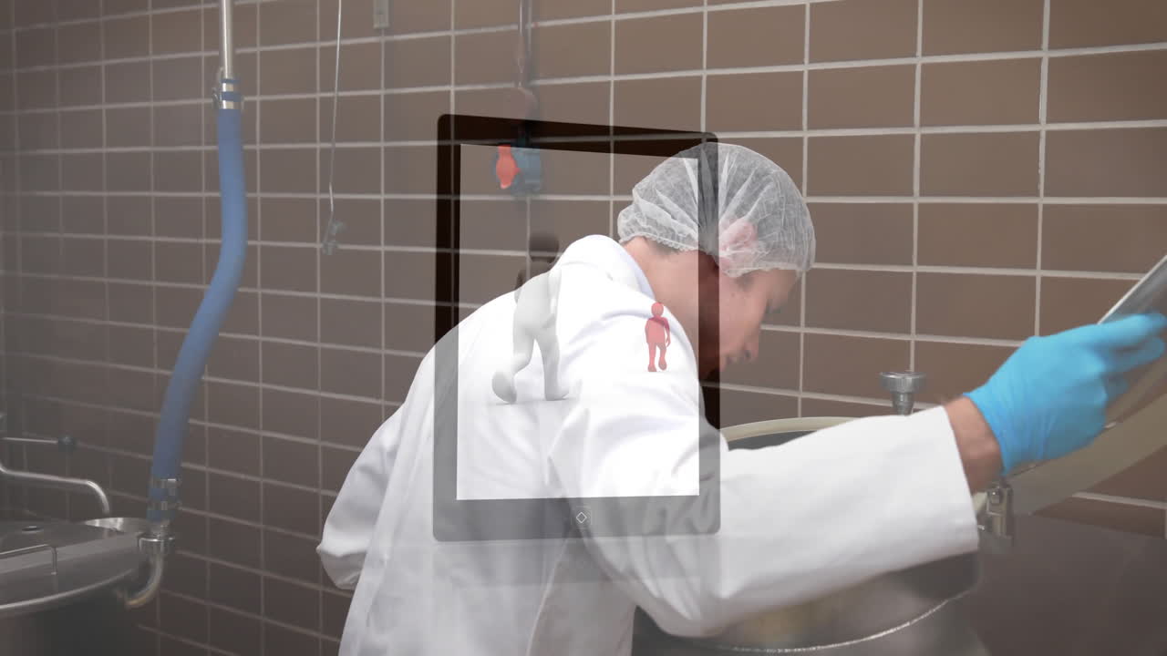 Man in lab coat working with machinery, animation of figures overlaid