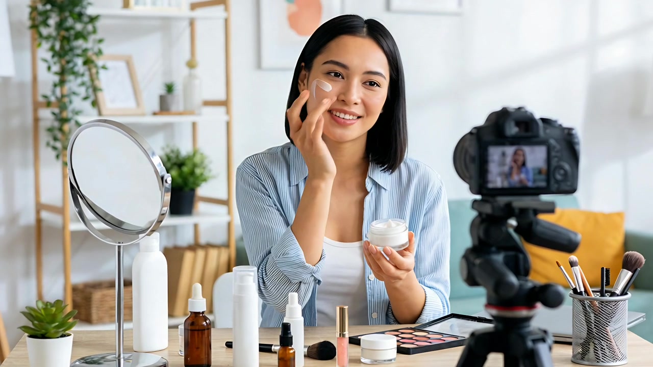Rekaman kamera dimulai, seorang wanita berbaju biru mengoleskan krim dari toples di rumah untuk tutorial sambil melihat cermin.