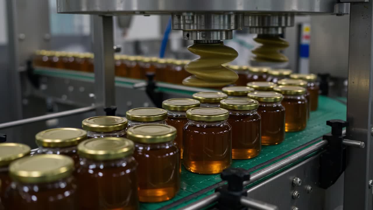 Automated Bottling Process: A Close-Up View of Jar Sealing in a Precision Production Line for Liquid Products