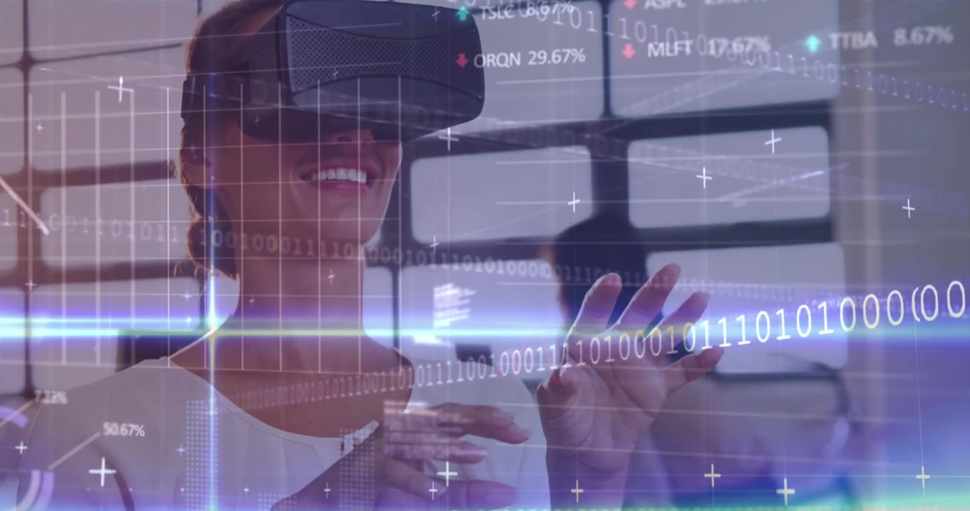 Forretningskvinde bruger virtual reality-headset på et moderne kontor.