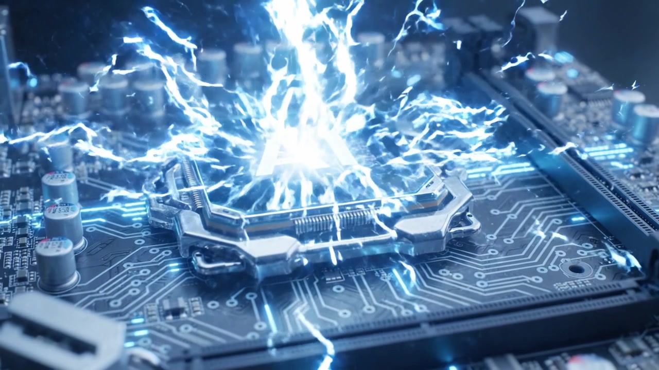 A Close-Up View of a High-Tech Microprocessor Installation on a Modern Motherboard with Advanced Circuitry and Illuminated Connections