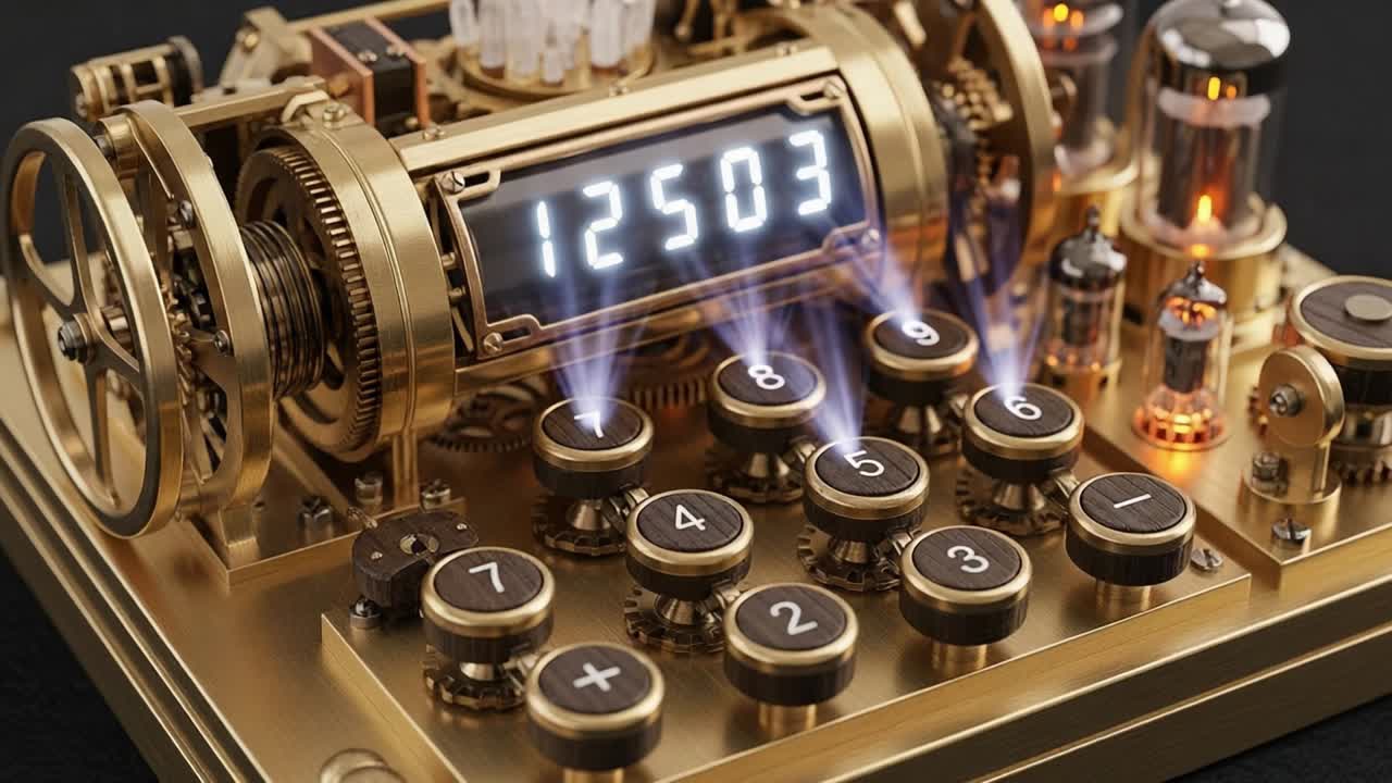Intricate Steampunk Calculator Displaying Evolving Mechanisms with Futuristic Elements in a Vintage Golden Finish