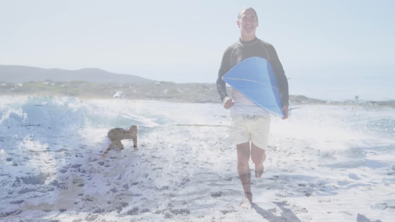 백인 서퍼가 파도 위에서  ⁇ 을  ⁇ 고 서핑하는 남자의 애니메이션