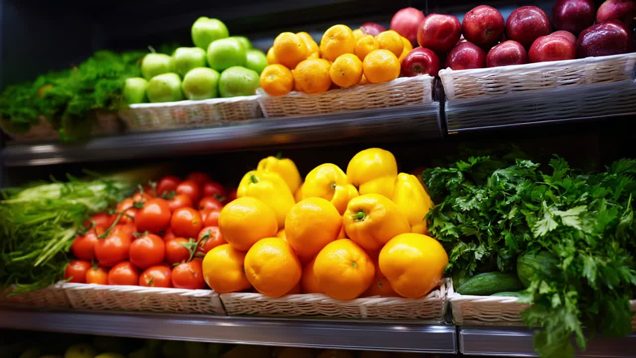 A Vibrant Display of Fresh Produce in a Market: An Array of Colorful Fruits and Vegetables Organized Neatly on Shelves, Showcasing Nature's Bounty and Promoting a Healthy Lifestyle Through Nutrition