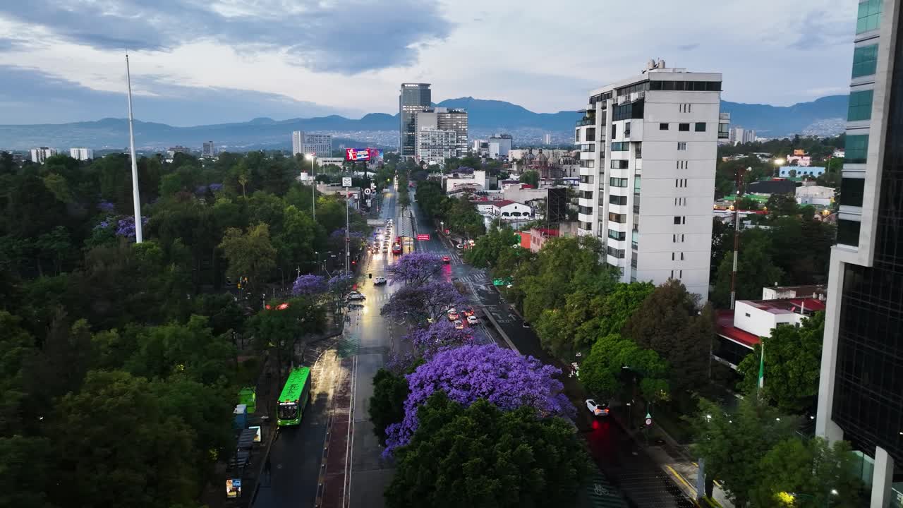vista aérea sobre calles húmedas, noche de primavera en el centro de la ciudad de méxico