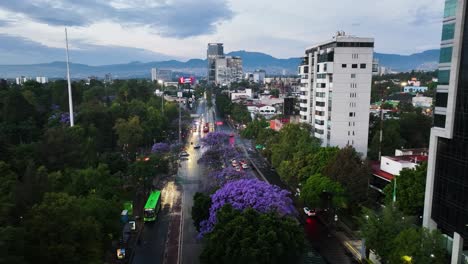 Seguimiento-De-Vista-Aérea-Sobre-Calles-Mojadas,-Tarde-De-Primavera-En-El-Centro-De-La-Ciudad-De-México