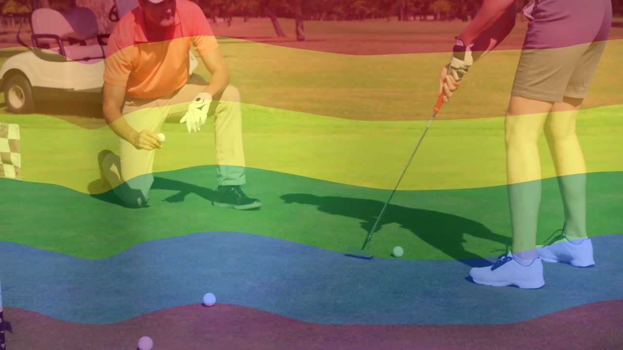 Man kneeling inspecting golf ball while woman swinging putter on green, with technology overlay