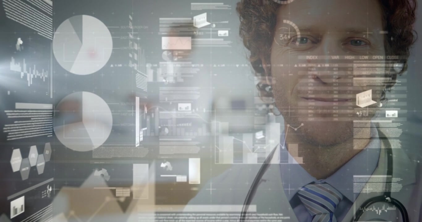 Doctor Standing in Hospital with Digital Medical Data Overlay
