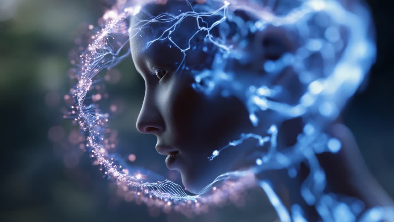 Un'analisi approfondita dell'intelligenza artificiale e delle emozioni umane, rappresentate attraverso un volto digitale stilizzato circondato da un'aura vorticosa di energia elettrica