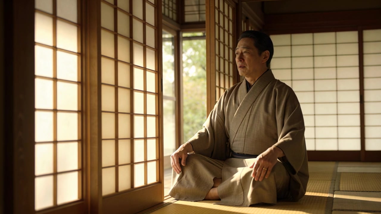 Açık shoji aralığından bahçeyi gören, tatami üzerinde dönen kimono ve obi giymiş adam, boş alan.