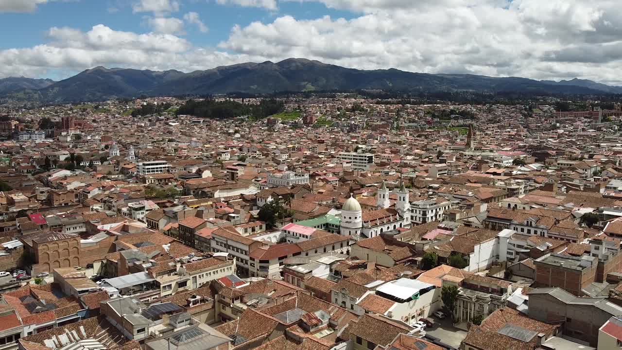 Aerial shot of Cuenca Ecuador. Downtown in South American city of Cuenca. Drone shot of the downtown region of the city of Cuenca